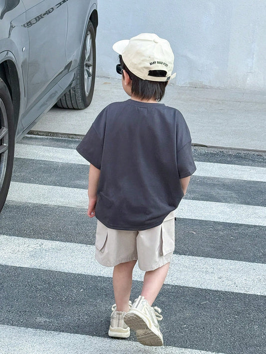 2pcs/Set Young Boys Casual Comfortable Car Print Short Sleeve Top And Shorts