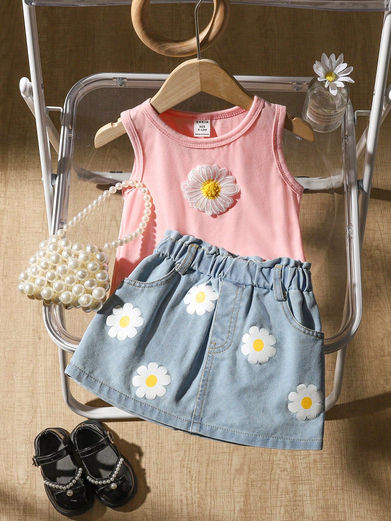 2pcs Infant Girls Casual Everyday Versatile 3D Daisy Flower Woven Label Tank Top & Skirt Pink