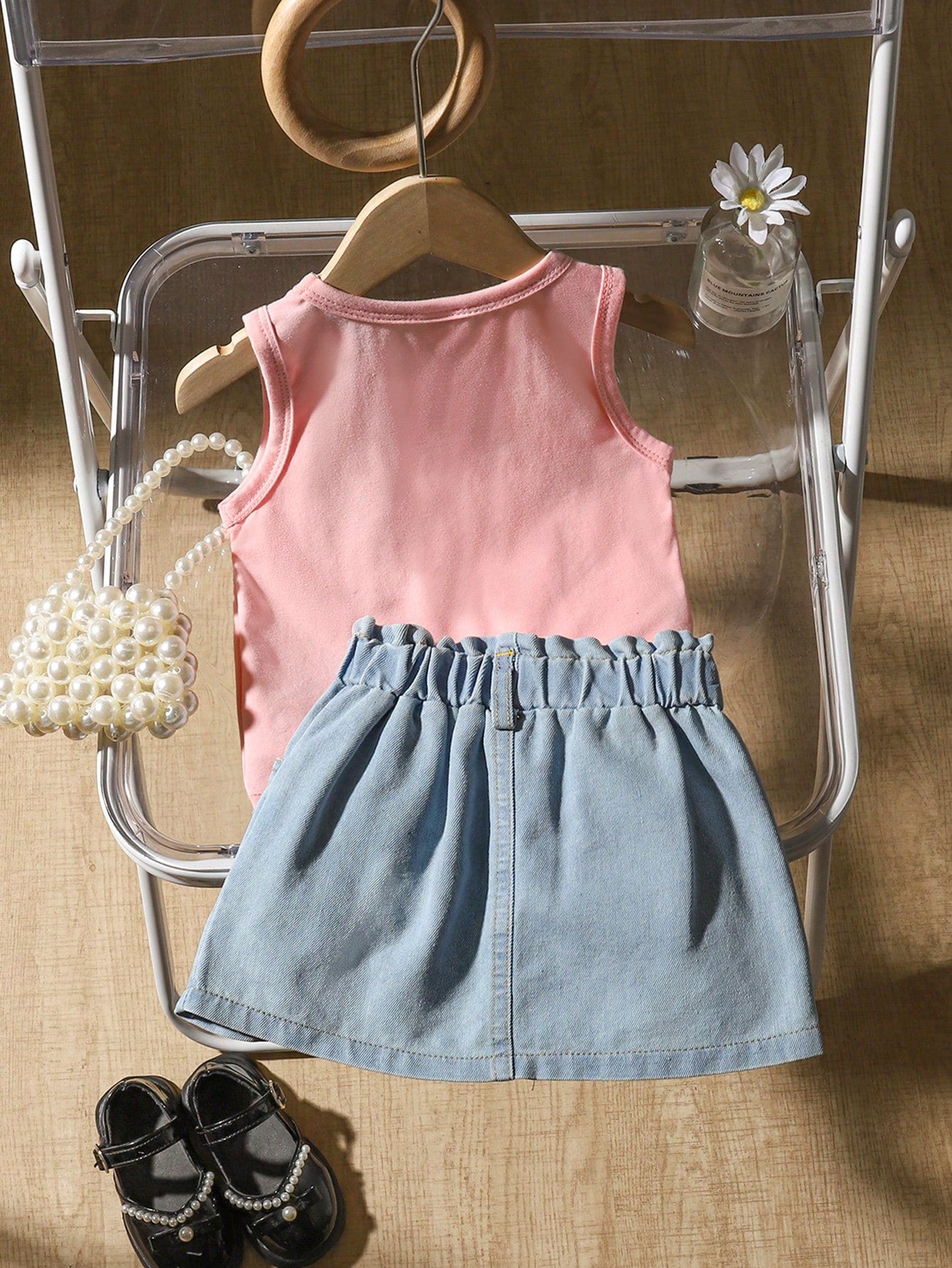 2pcs Infant Girls Casual Everyday Versatile 3D Daisy Flower Woven Label Tank Top & Skirt