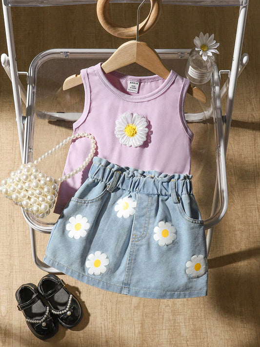 2pcs Infant Girls Casual Everyday Versatile 3D Daisy Flower Woven Label Tank Top & Skirt Purple