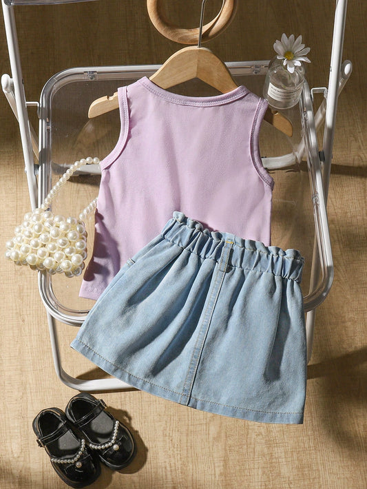 2pcs Infant Girls Casual Everyday Versatile 3D Daisy Flower Woven Label Tank Top & Skirt