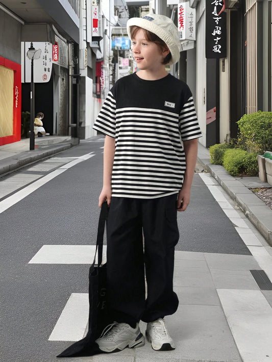 2pcs/Set Tween Boy Casual Solid & Striped Short Sleeve T-Shirt And Elastic Waist Cargo Pocket Pants Black & White