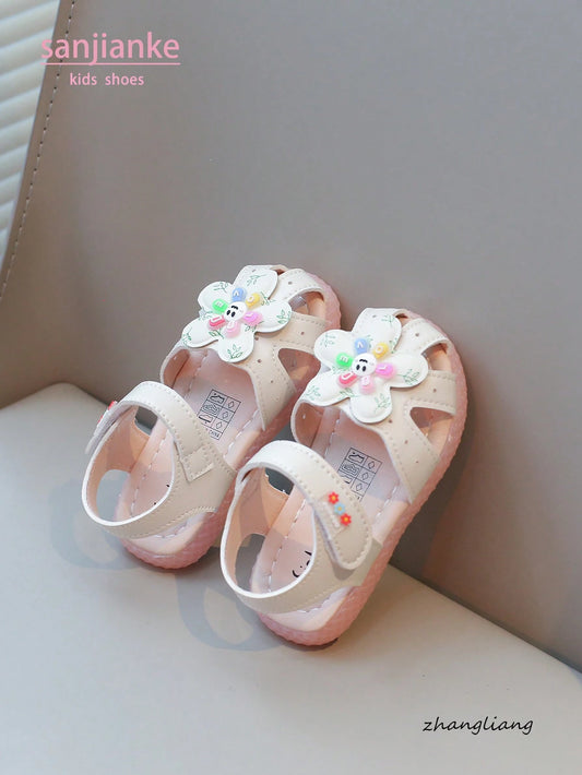 Fashion Girls Hollow Smiling Face Flower Design Sandals Beige