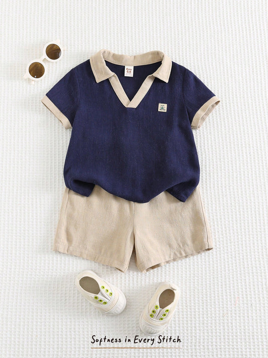 2pcs Baby Boy Decorated Collar Contrast Color Short Sleeve Henley Top And Elastic Waist Solid Shorts Set Multicolor