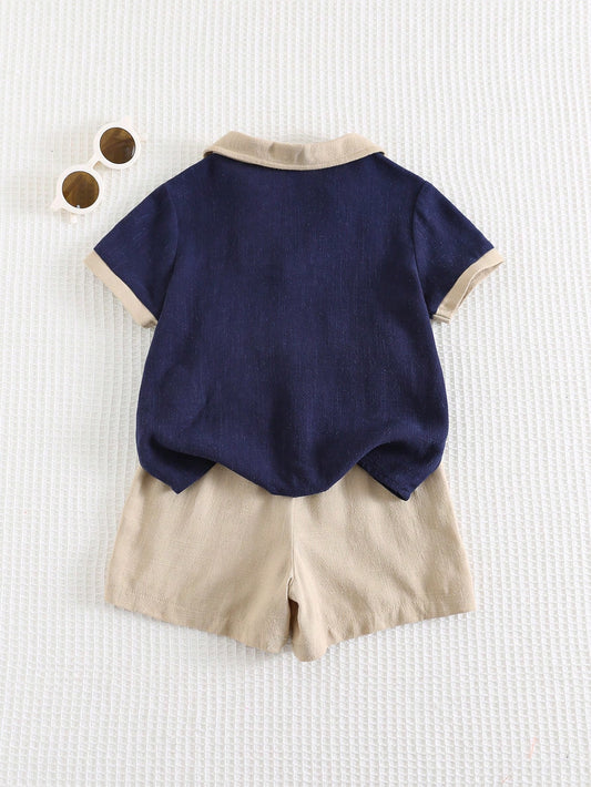 2pcs Baby Boy Decorated Collar Contrast Color Short Sleeve Henley Top And Elastic Waist Solid Shorts Set