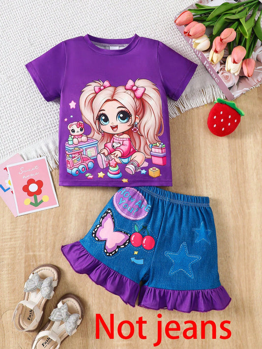 2pcs Girls Casual Cute Toy Letter, Butterfly And Star Print Soft Knit Fabric Short Sleeve T-Shirt And Denim Shorts Purple