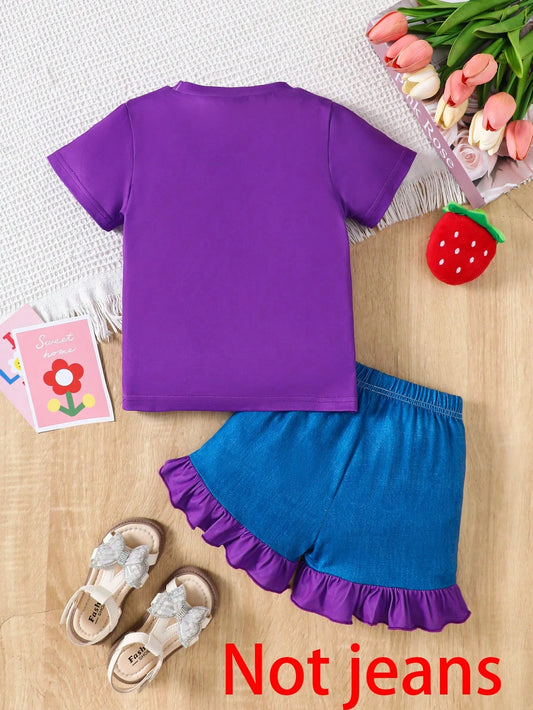 2pcs Girls Casual Cute Toy Letter, Butterfly And Star Print Soft Knit Fabric Short Sleeve T-Shirt And Denim Shorts