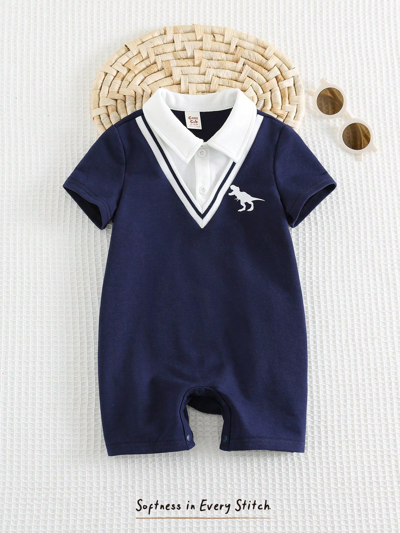 Cozy Pixies Baby Boy Cartoon Dinosaur Pattern Knitted Soft Contrast Color Lapel Short Sleeve Romper
