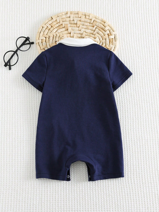 Cozy Pixies Baby Boy Cartoon Dinosaur Pattern Knitted Soft Contrast Color Lapel Short Sleeve Romper