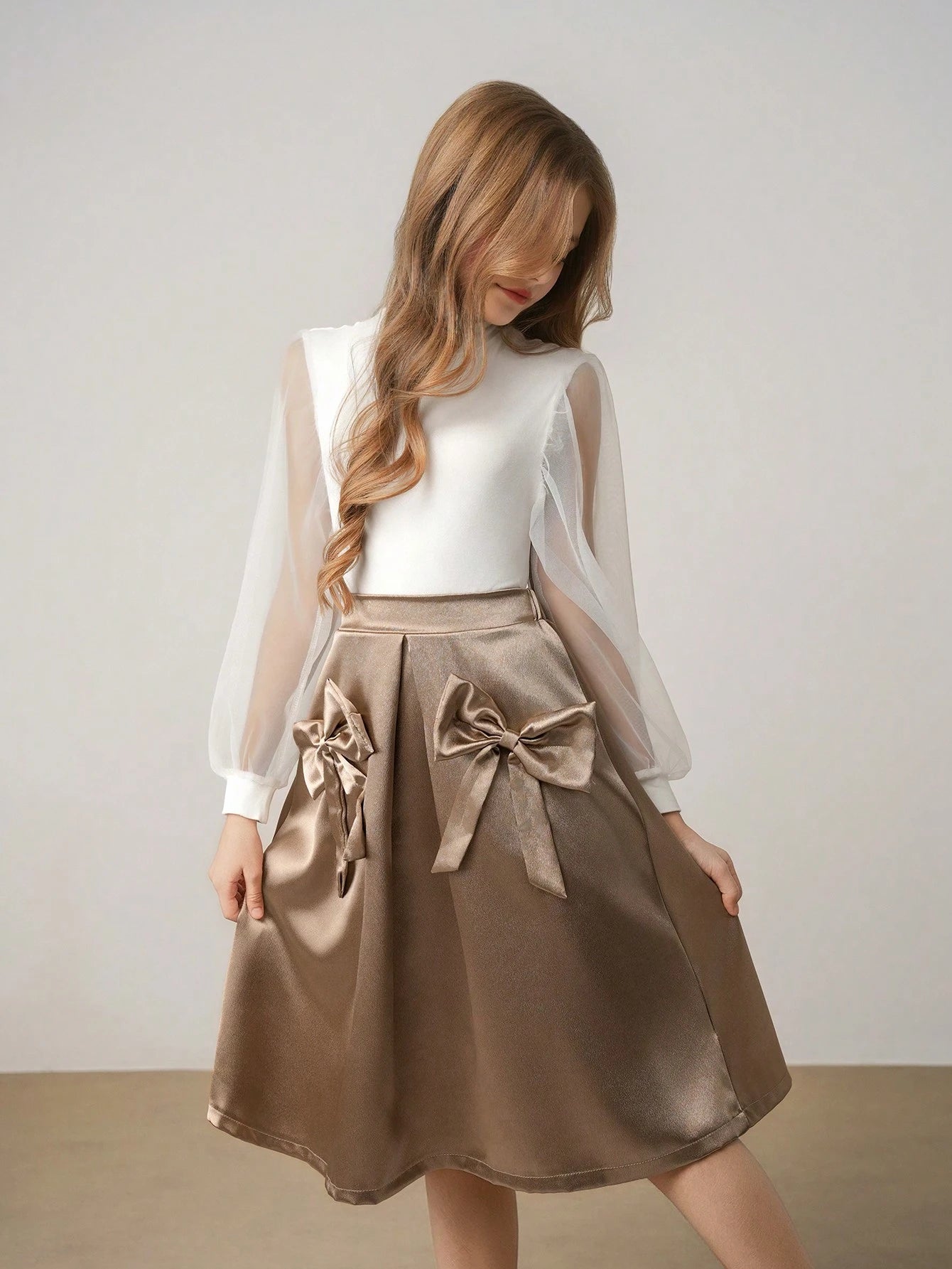 2pcs Girls Elegant Refined High Collar Dropped Shoulder Long Sleeve Mesh Solid Tee And High Waisted Flared Satin Fabric Bow Decor Skirt Set