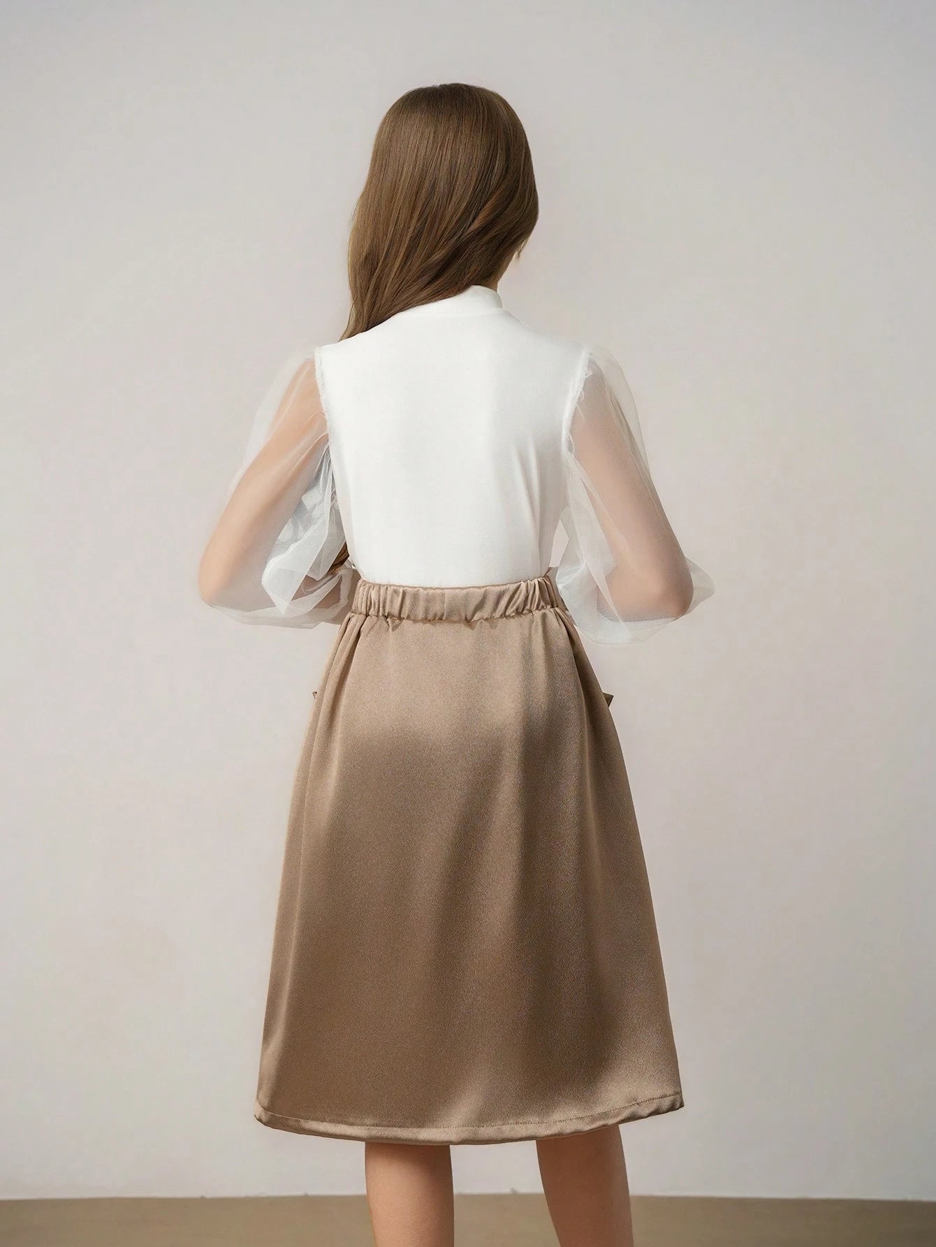 2pcs Girls Elegant Refined High Collar Dropped Shoulder Long Sleeve Mesh Solid Tee And High Waisted Flared Satin Fabric Bow Decor Skirt Set