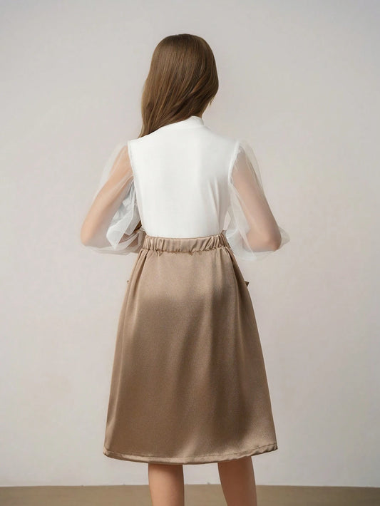 2pcs Girls Elegant Refined High Collar Dropped Shoulder Long Sleeve Mesh Solid Tee And High Waisted Flared Satin Fabric Bow Decor Skirt Set