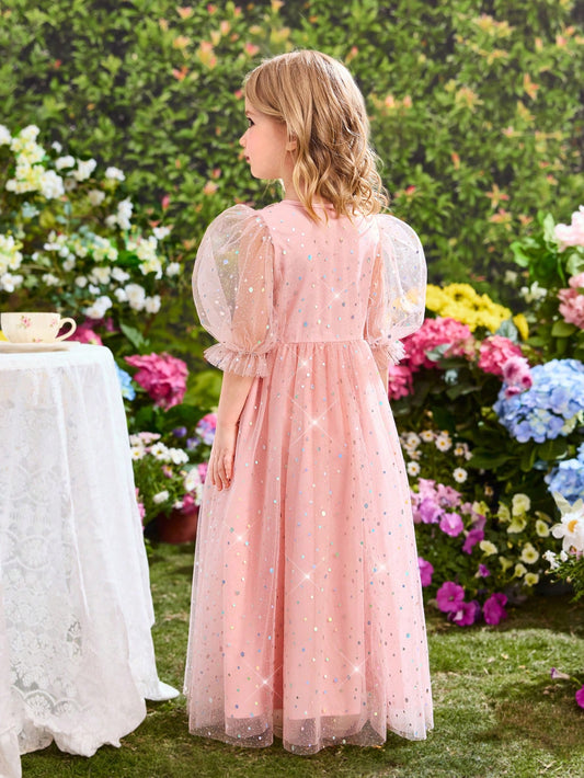 Girl's Lovely Elegant Pink Sequin Mesh Summer Dress