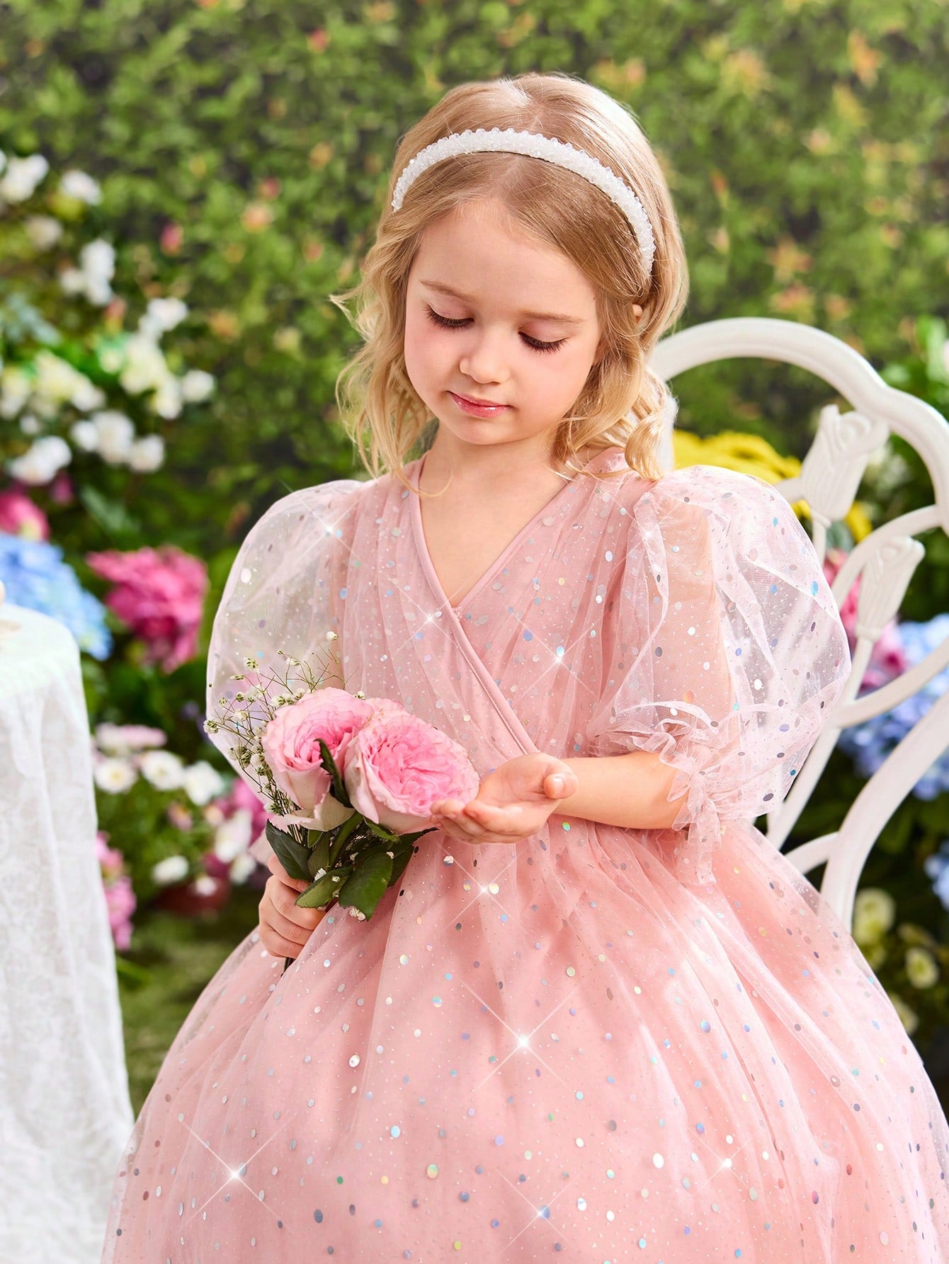 Girl's Lovely Elegant Pink Sequin Mesh Summer Dress