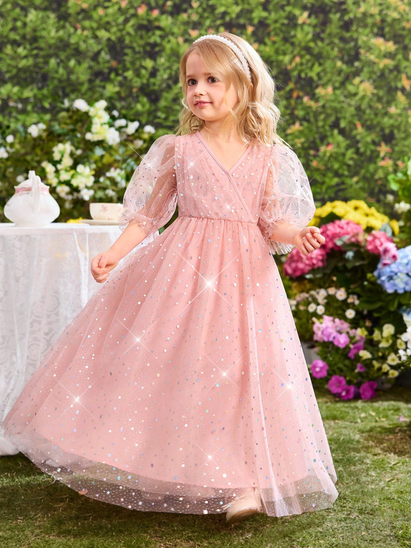 Girl's Lovely Elegant Pink Sequin Mesh Summer Dress