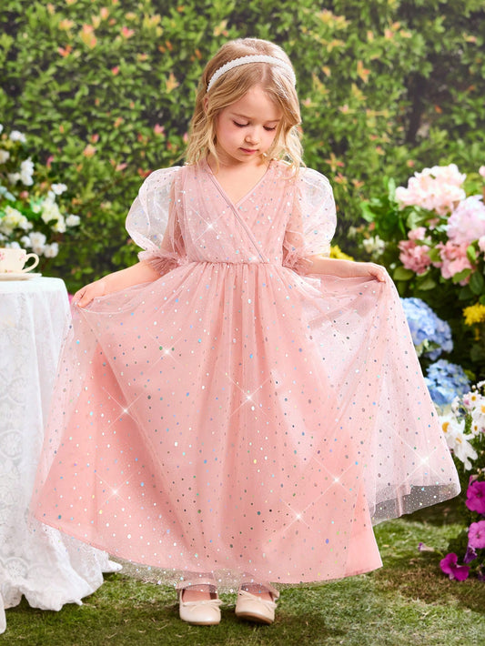 Girl's Lovely Elegant Pink Sequin Mesh Summer Dress Pink