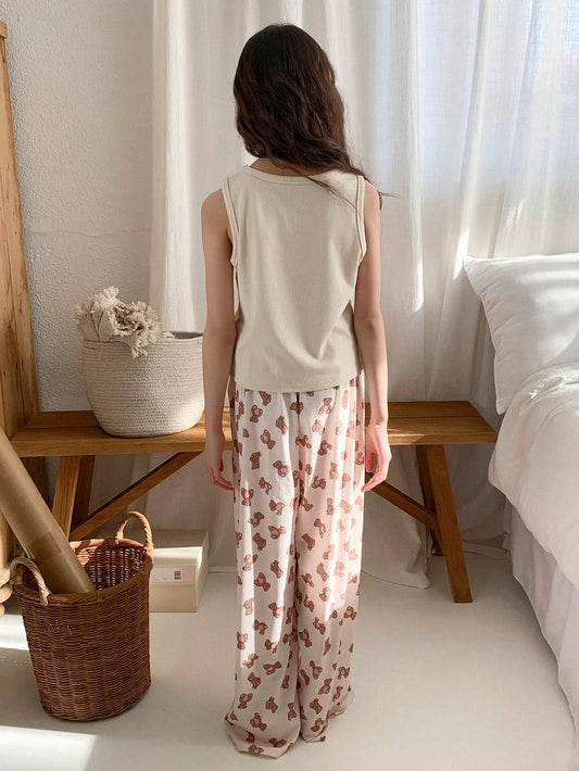 DAZY Tween Girl Bear Print Top & Allover Print Flowy Pants Sleepwear Set