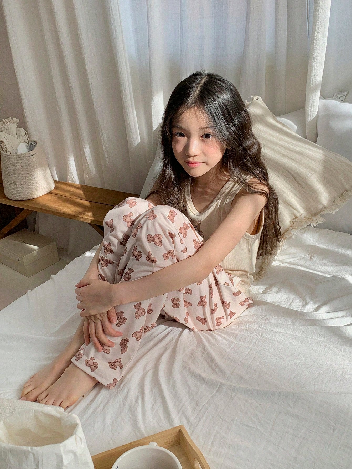 DAZY Tween Girl Bear Print Top & Allover Print Flowy Pants Sleepwear Set