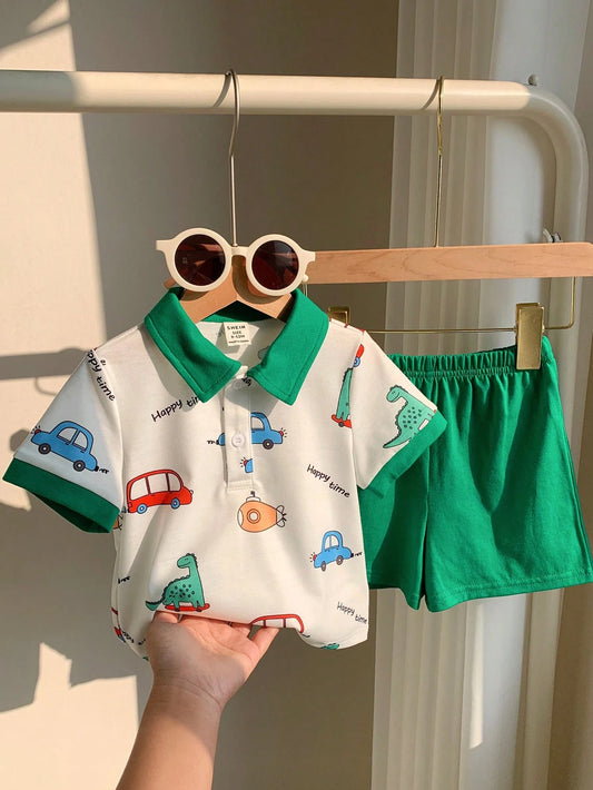 2pcs Set Casual Cute Graphic Drop Shoulder Loose Knit Polo Shirt Top And Knit Shorts Green