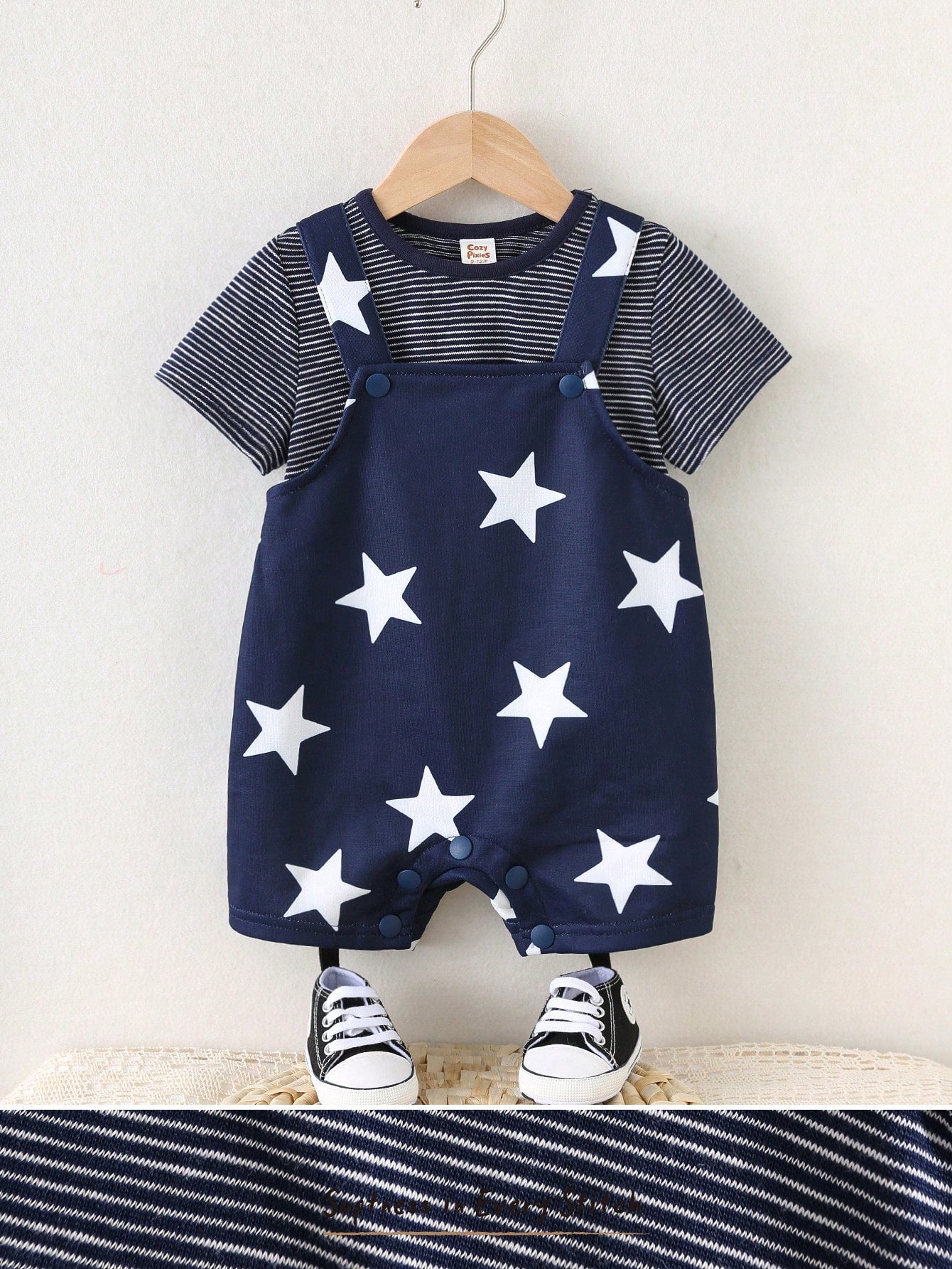 Cozy Pixies 2pcs Baby Boy Striped Round Neck Long Sleeve Top And Star Print Suspender Pants Royal Blue