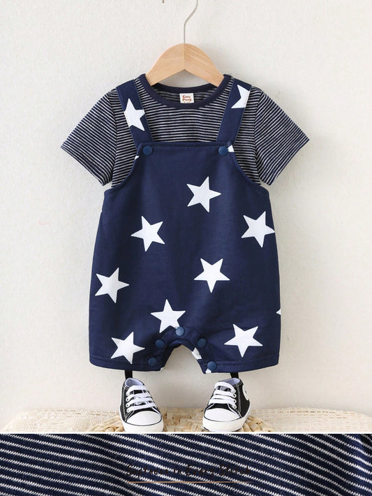 Cozy Pixies 2pcs Baby Boy Striped Round Neck Long Sleeve Top And Star Print Suspender Pants Royal Blue
