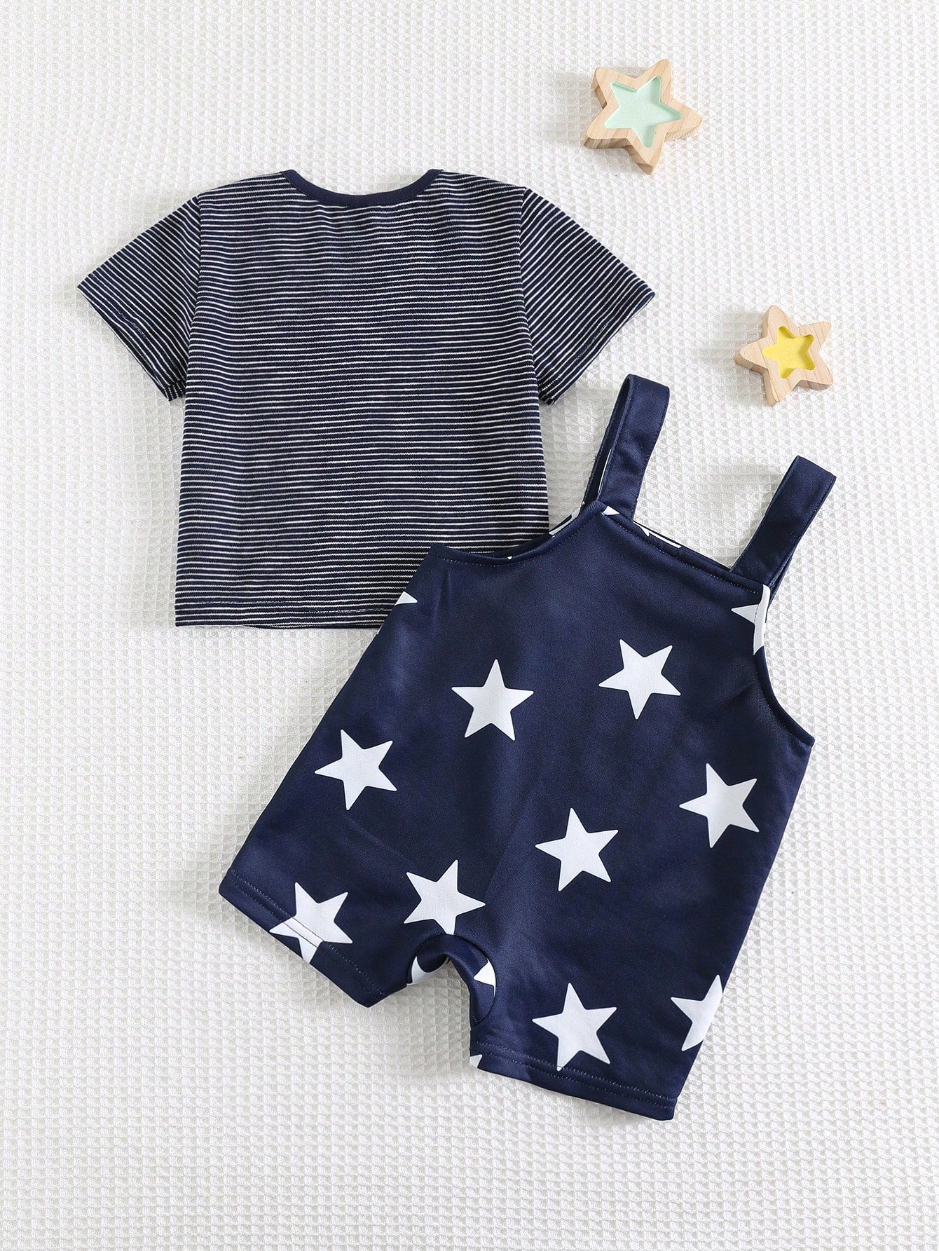Cozy Pixies 2pcs Baby Boy Striped Round Neck Long Sleeve Top And Star Print Suspender Pants