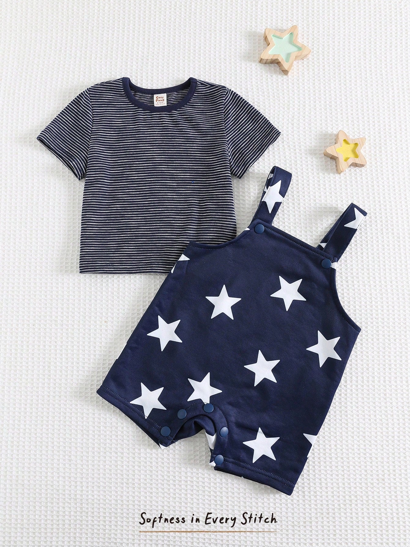 Cozy Pixies 2pcs Baby Boy Striped Round Neck Long Sleeve Top And Star Print Suspender Pants