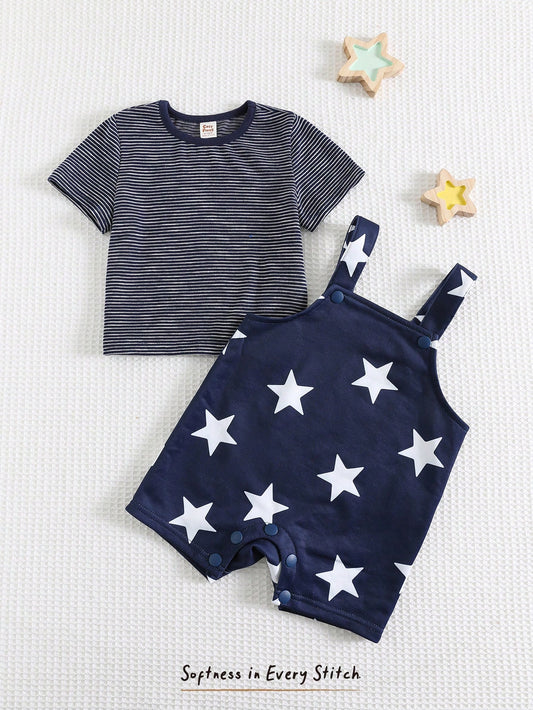 Cozy Pixies 2pcs Baby Boy Striped Round Neck Long Sleeve Top And Star Print Suspender Pants