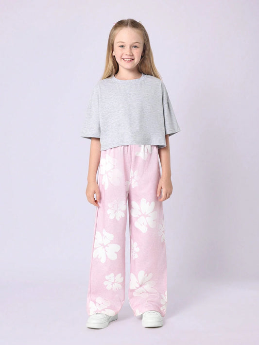 Tween Girls Everyday Play Crop Tee And Sweatpants With Flock Print Pink