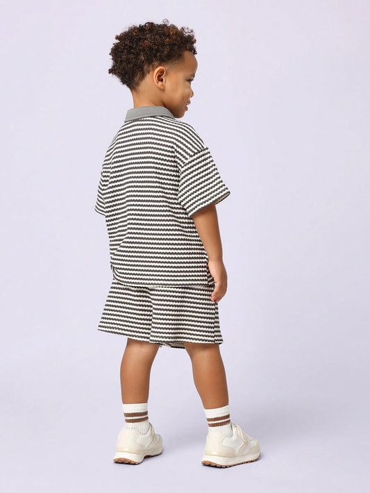 Young Boys Comfy Textured Short Sleeve Polo Shirt And Short