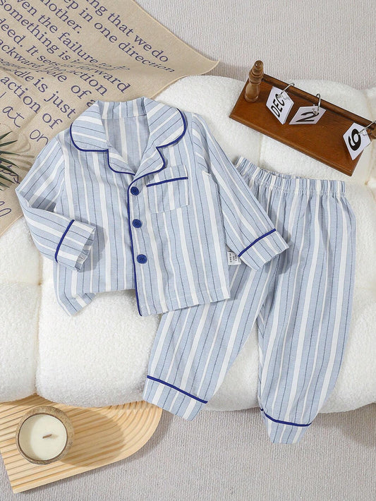 2pcs Boys' Simple Classic Blue Stripe Cardigan & Pants Multicolor