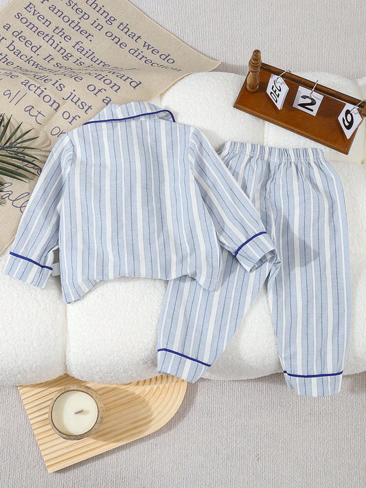 2pcs Boys' Simple Classic Blue Stripe Cardigan & Pants