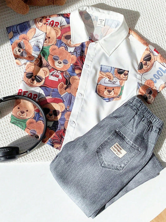 2pcs Kids Boy Cute Bear Print Contrast Color Short Sleeve Shirt And Elastic Waist Pants Multicolor