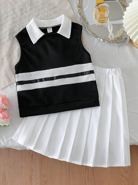 Young Girls Fashion Lapel Collar Sleeveless Top With Elastic Waist Pleated A-Line Skirt Black & White
