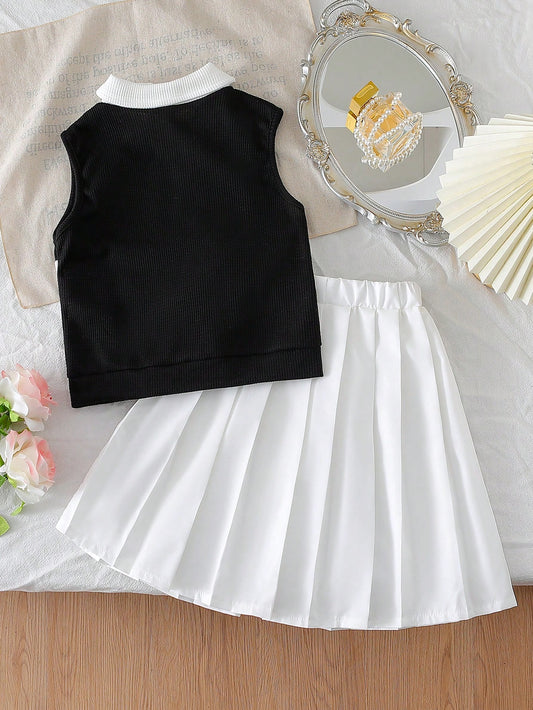 Young Girls Fashion Lapel Collar Sleeveless Top With Elastic Waist Pleated A-Line Skirt