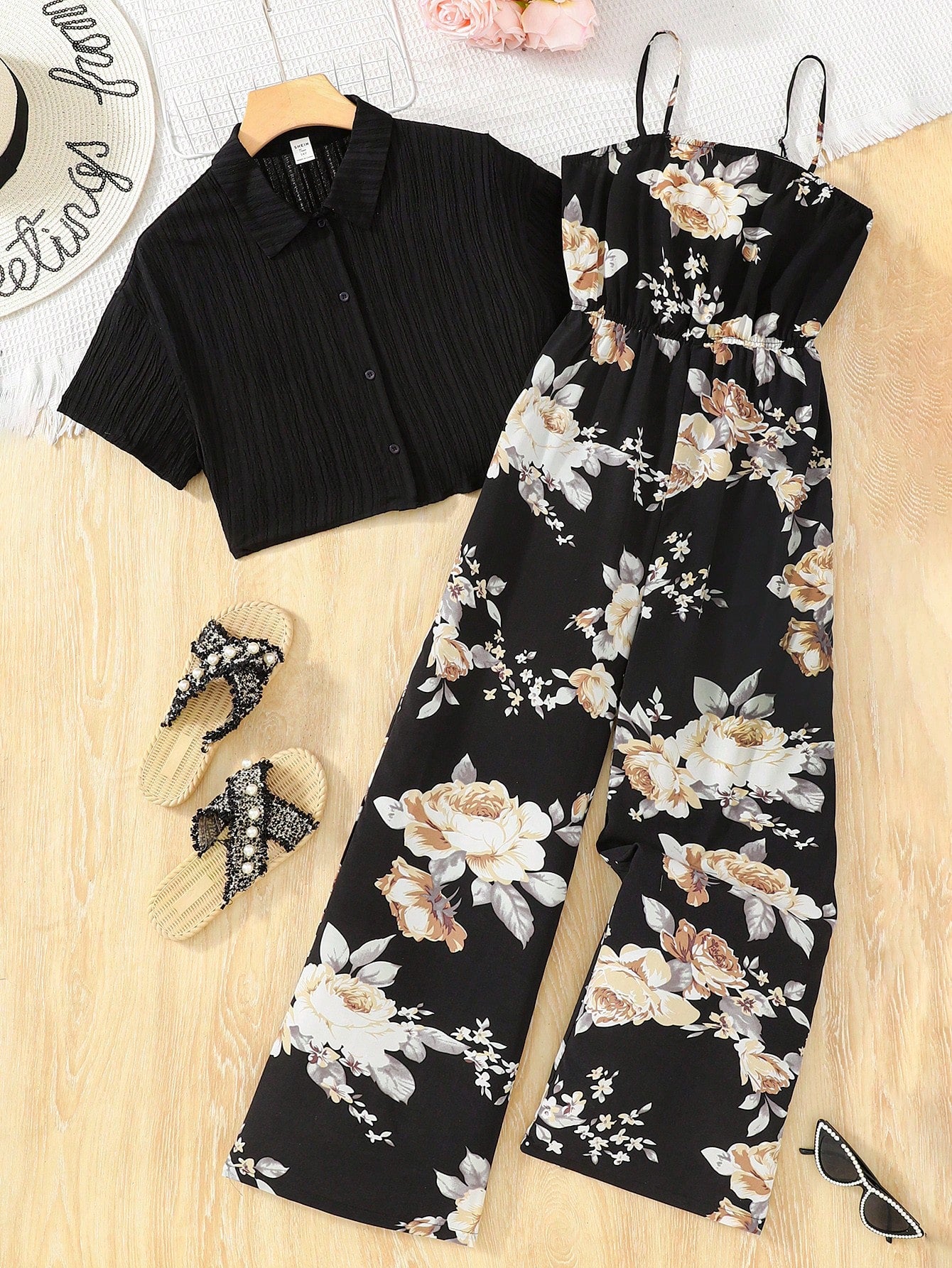 Teen Girl Woven Solid Color Raised Grid Collar Short Sleeve Shirt & Plant Printed Spaghetti Strap Jumpsuit Multicolor