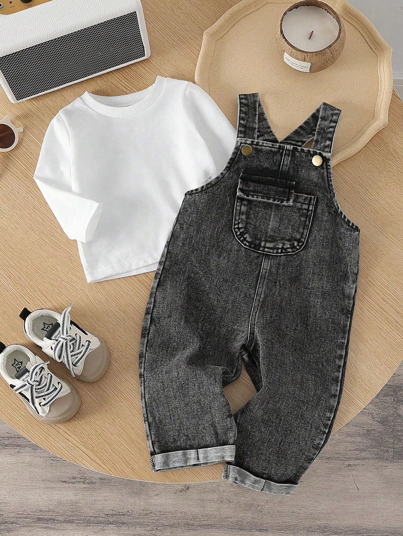 Baby Boy Casual Solid Color Long Sleeve Top And Denim Bib Pants Set Black