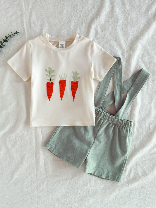 Baby Boy Carrot Print Round Neck Short Sleeve T-Shirt & Solid Color Bib Shorts Green
