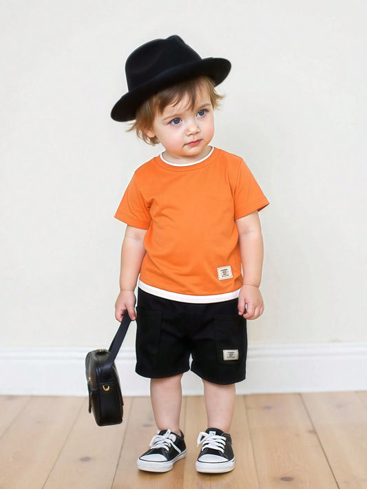 Y2K Street Fashion Graphic Contrast Color Hem Round Neck Short Sleeve T-Shirt & Elastic Waist Pocket Shorts Orange