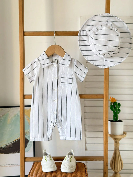2pcs Toddler Infant Baby Boys Casual Holiday Striped Collar Button Pocket Romper & Hat Set White
