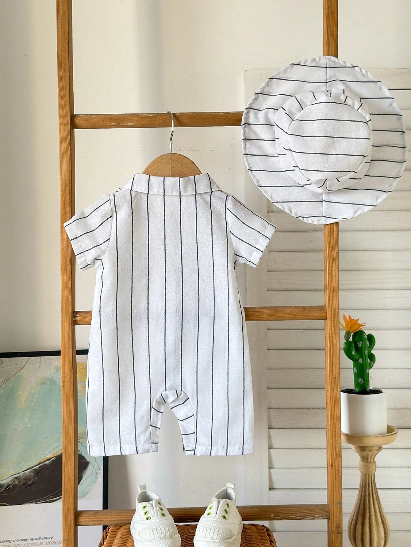 2pcs Toddler Infant Baby Boys Casual Holiday Striped Collar Button Pocket Romper & Hat Set