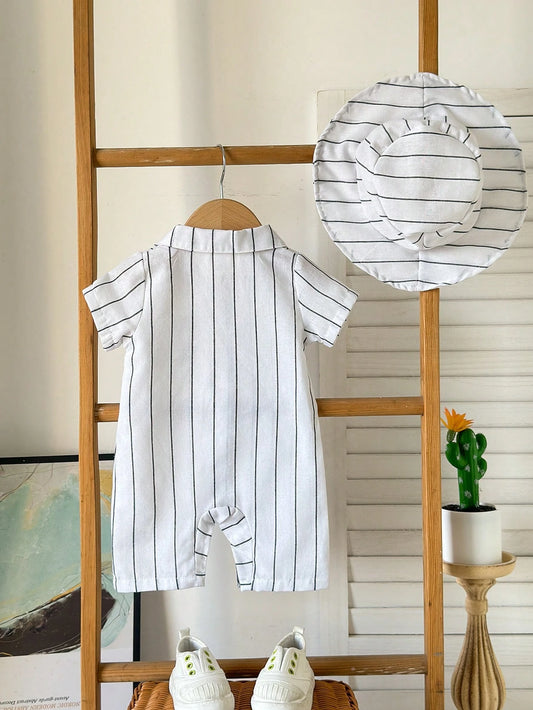 2pcs Toddler Infant Baby Boys Casual Holiday Striped Collar Button Pocket Romper & Hat Set