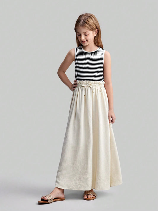 Striped Backless Design Fitted Knit Tank Top + Loose Waist Ruffles Hem Decor Knee-Length A-Line Skirt Black & White