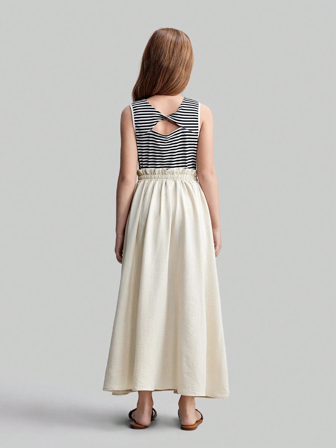 Striped Backless Design Fitted Knit Tank Top + Loose Waist Ruffles Hem Decor Knee-Length A-Line Skirt