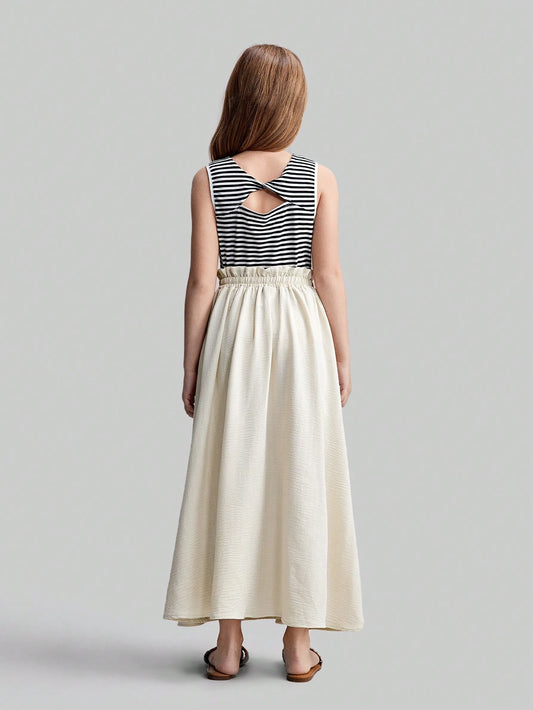 Striped Backless Design Fitted Knit Tank Top + Loose Waist Ruffles Hem Decor Knee-Length A-Line Skirt