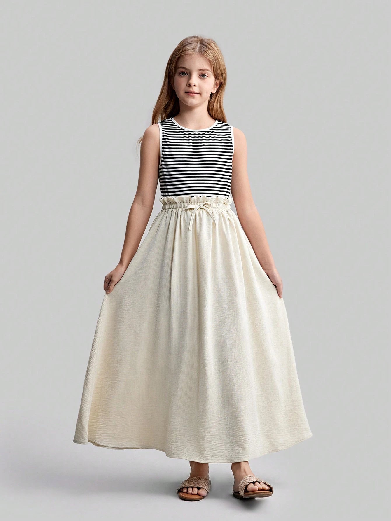 Striped Backless Design Fitted Knit Tank Top + Loose Waist Ruffles Hem Decor Knee-Length A-Line Skirt
