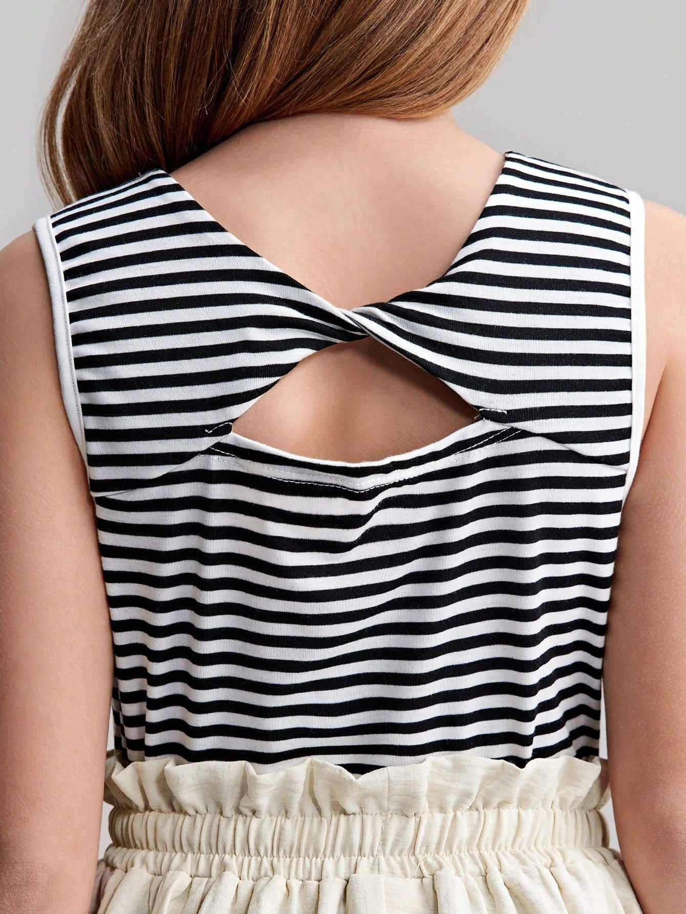 Striped Backless Design Fitted Knit Tank Top + Loose Waist Ruffles Hem Decor Knee-Length A-Line Skirt