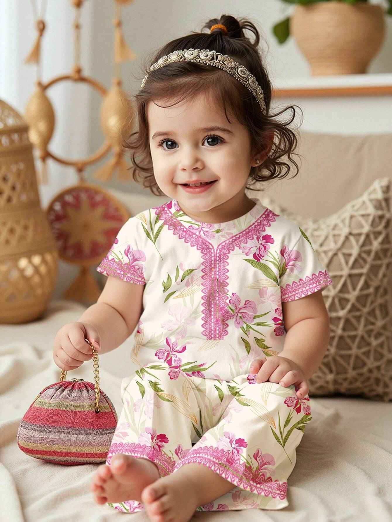 Baby Girl Casual Cartoon Teenage Girl Pattern Short Sleeve Round Neck Top And Long Pant Set Multicolor 3