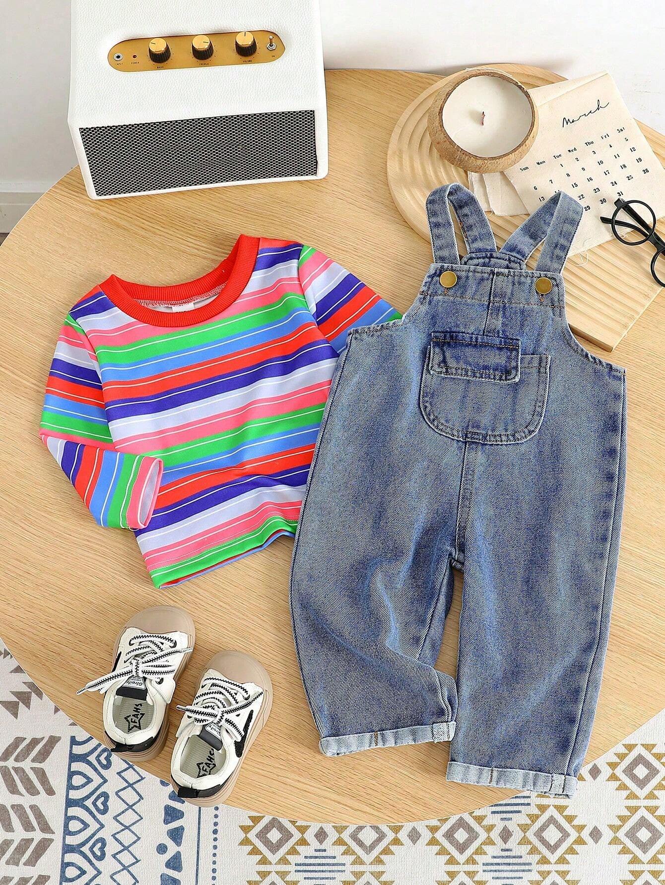 Baby Boy Casual Solid Color Long Sleeve Top And Denim Bib Pants Set Red