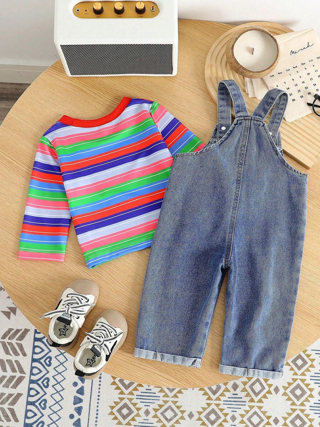 Baby Boy Casual Solid Color Long Sleeve Top And Denim Bib Pants Set